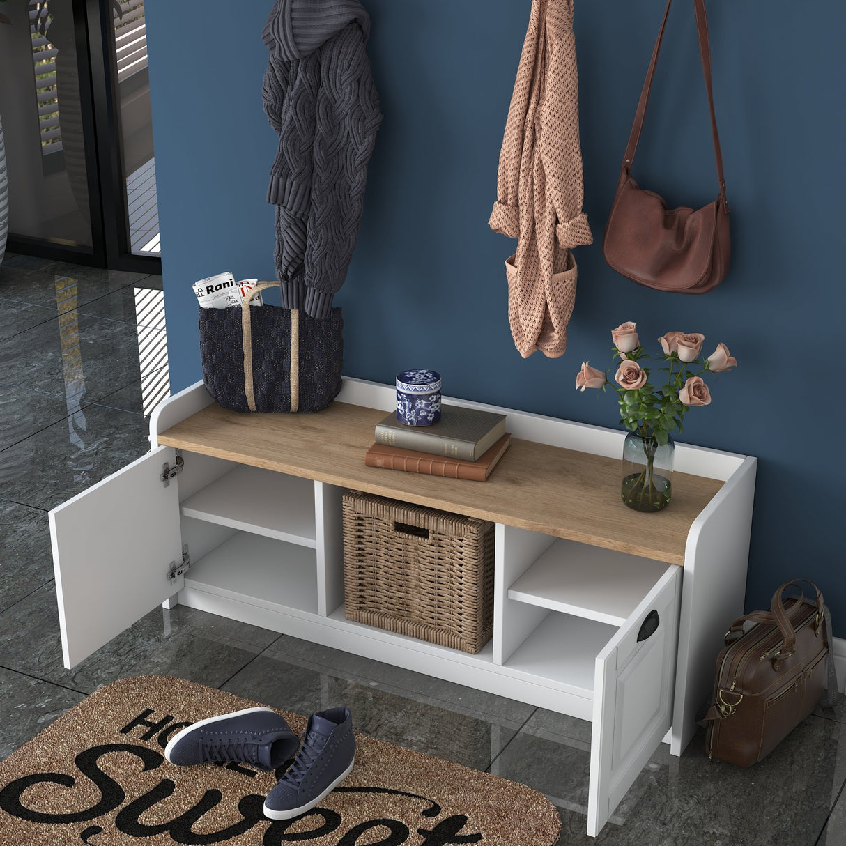 Furniture set Coat rack - Shoe cabinet - White-Walnut Melamine 