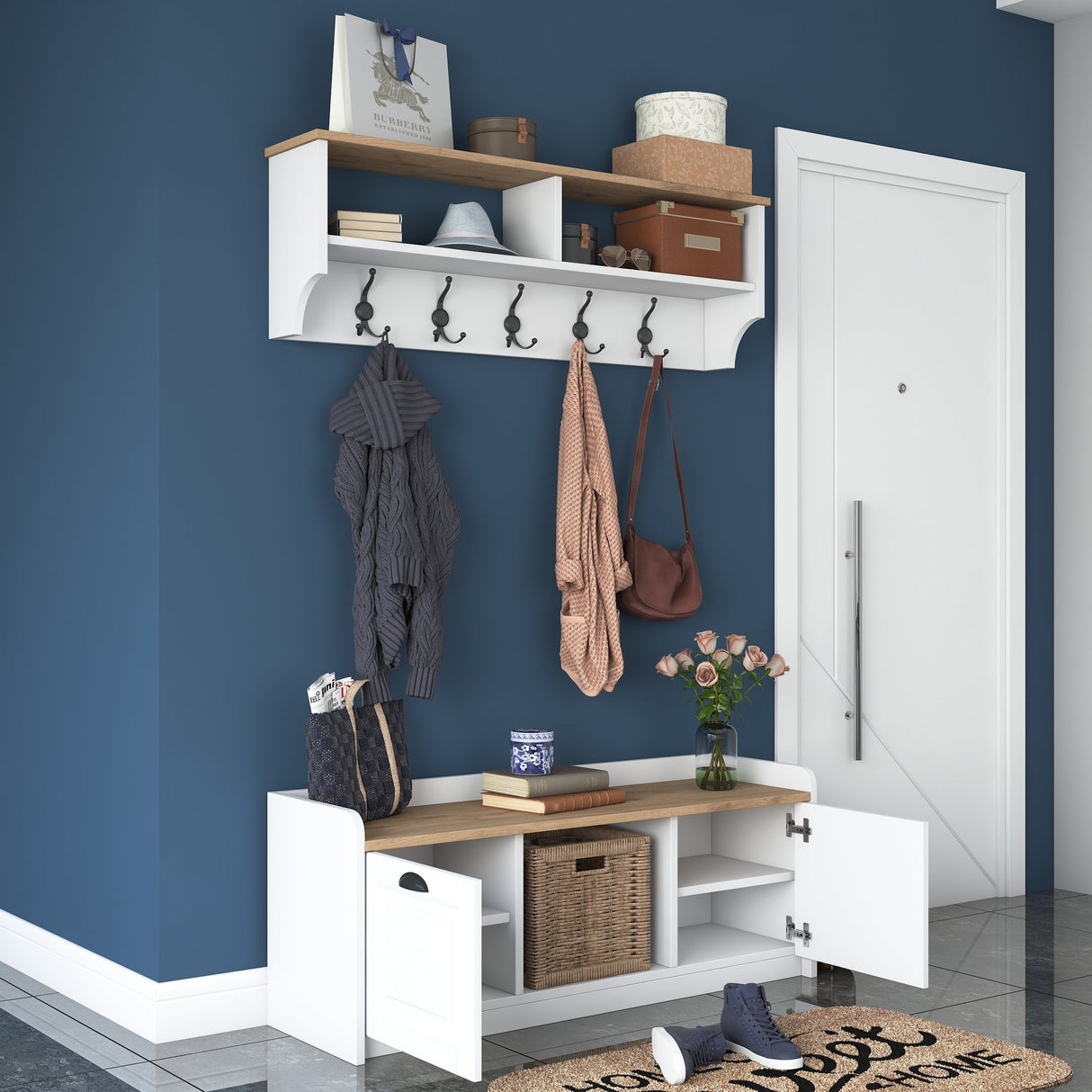 Furniture set Coat rack - Shoe cabinet - White-Walnut Melamine 