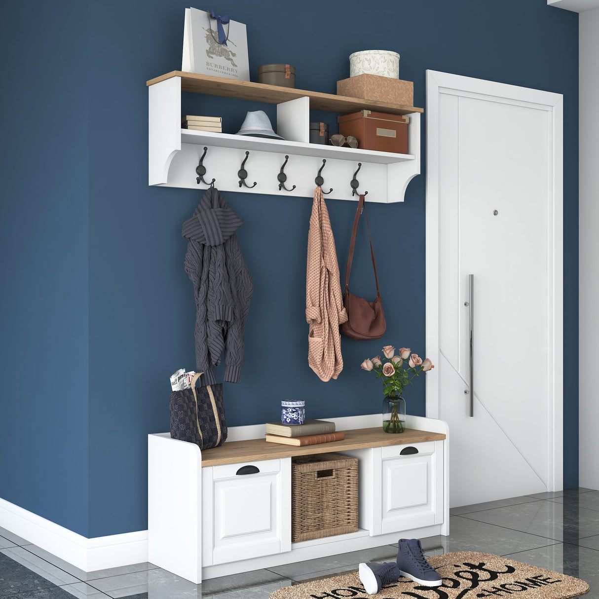 Furniture set Coat rack - Shoe cabinet - White-Walnut Melamine 