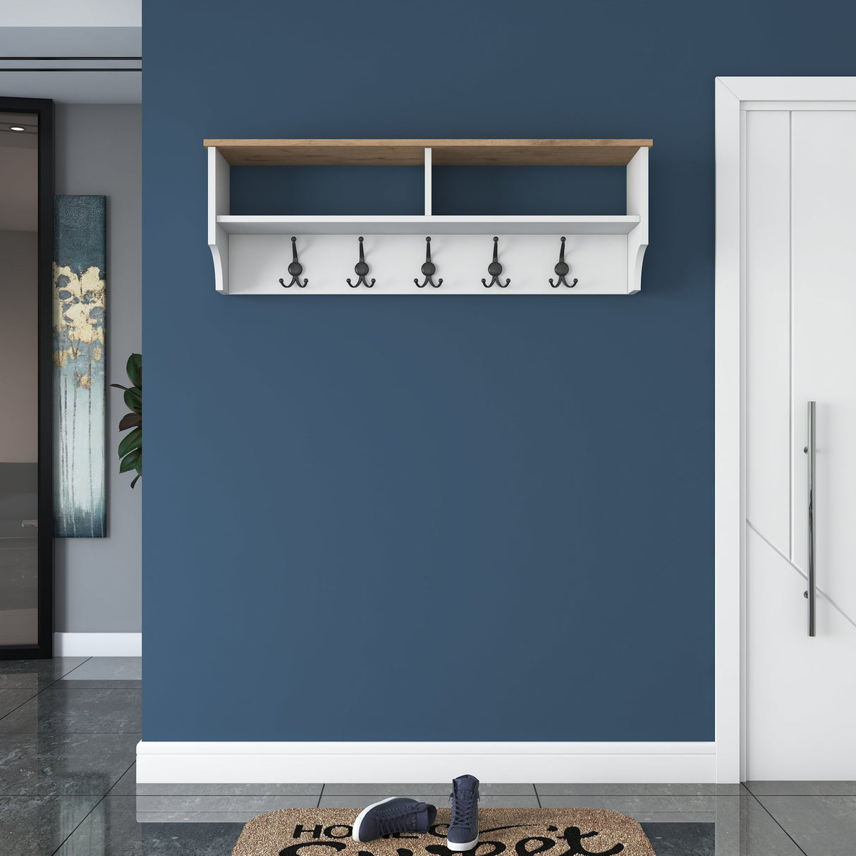 Coat rack Hally White 15-hooks - Two compartments 