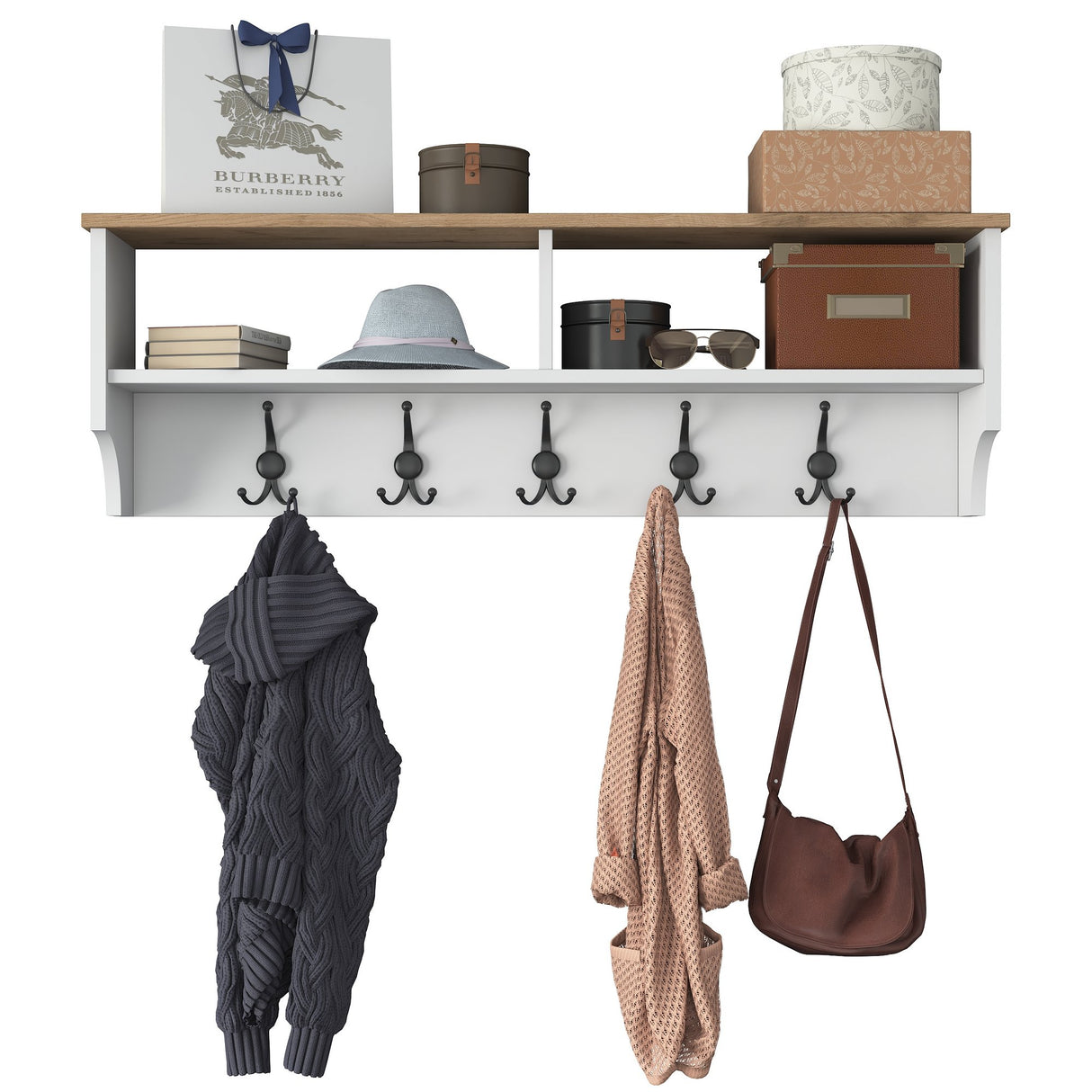 Coat rack Hally White 15-hooks - Two compartments 