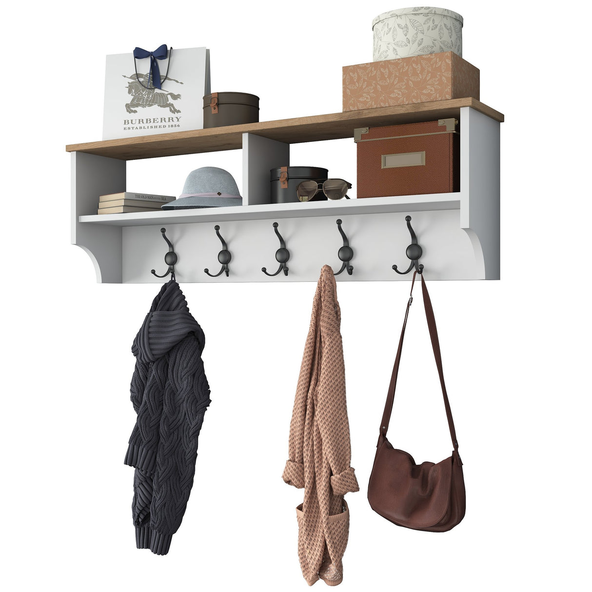 Coat rack Hally White 15-hooks - Two compartments 