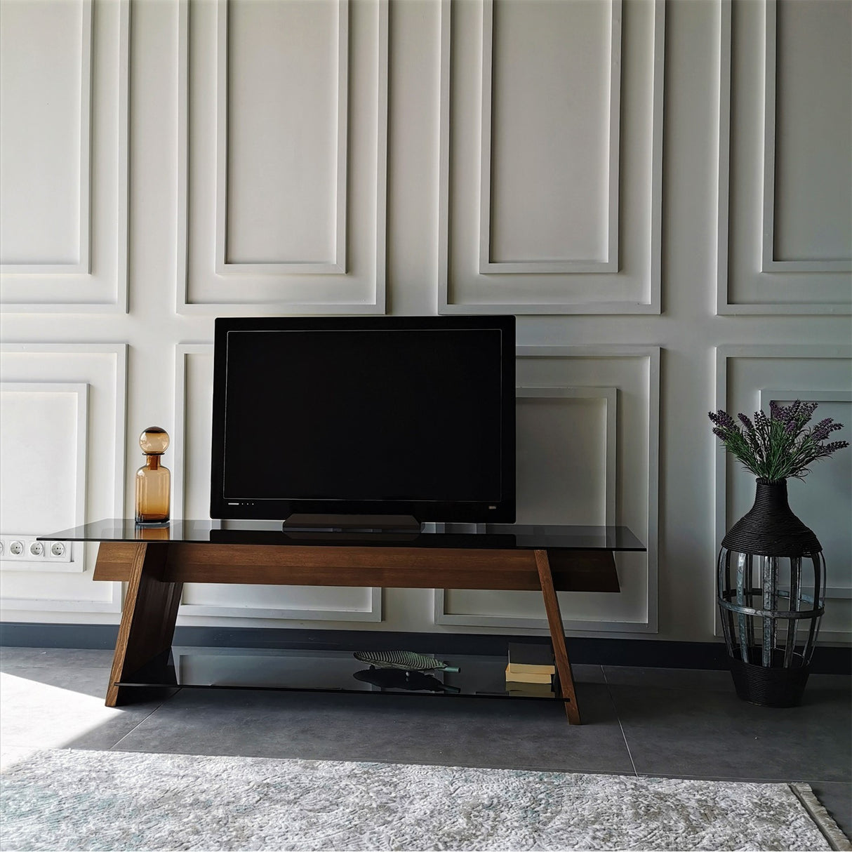 TV Furniture Coral Walnut Black Glass 158x45x40 CM