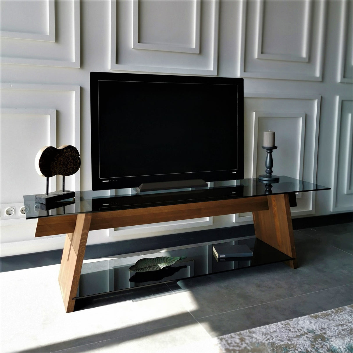 TV Furniture Coral Walnut Black Glass 158x45x40 CM