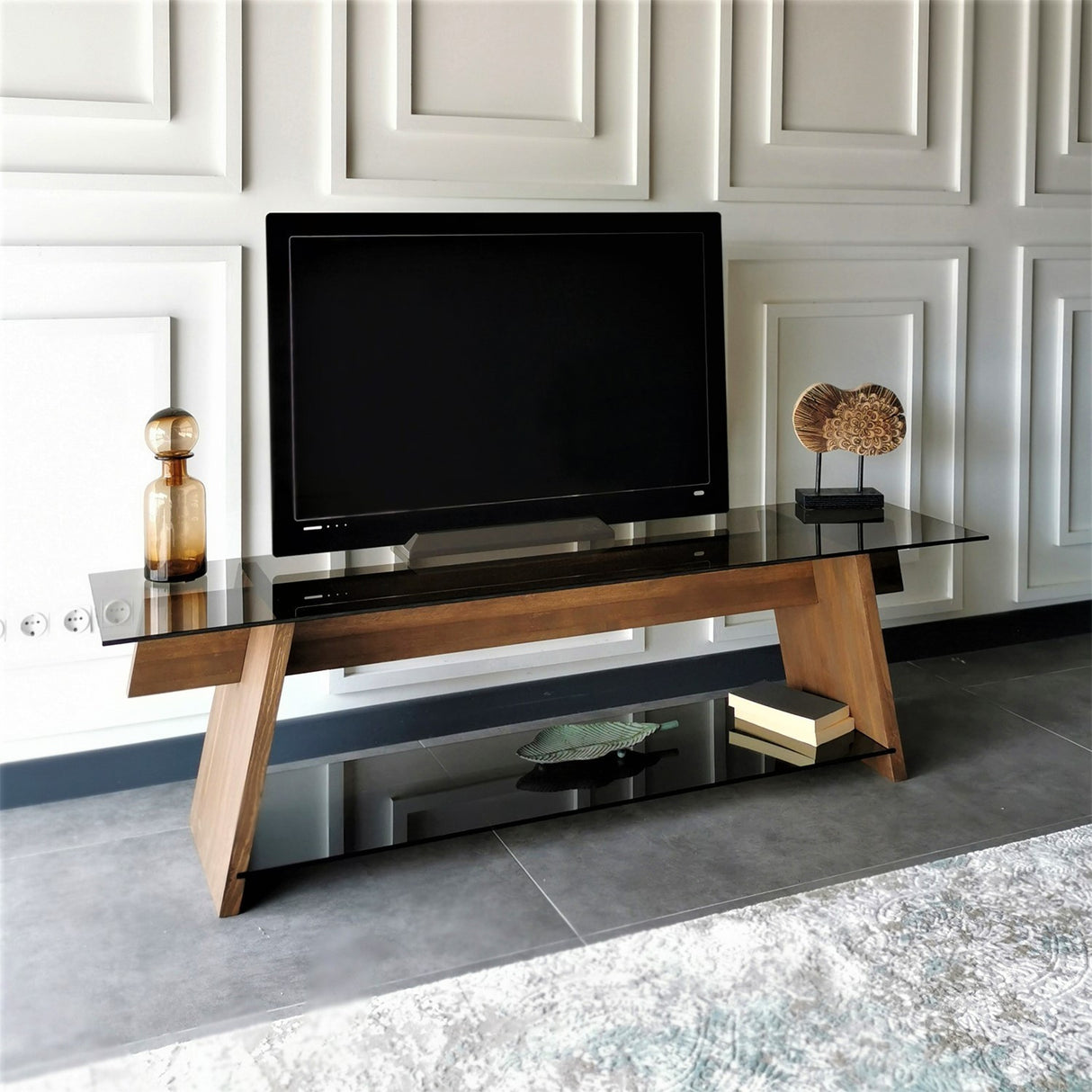 TV Furniture Coral Walnut Black Glass 158x45x40 CM