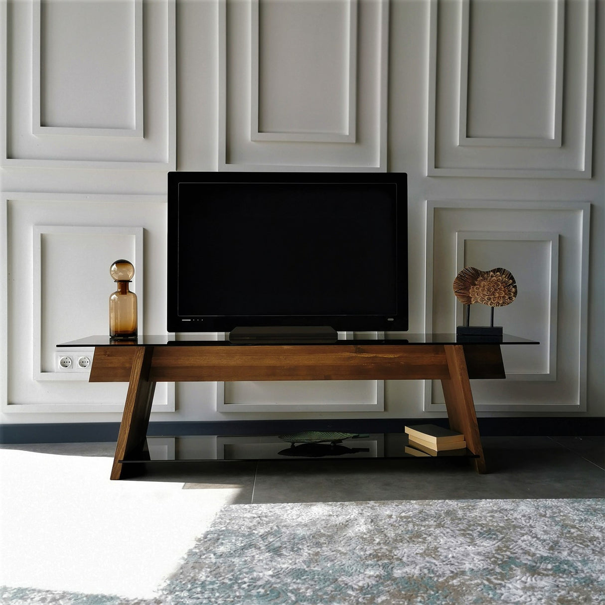 TV Furniture Coral Walnut Black Glass 158x45x40 CM