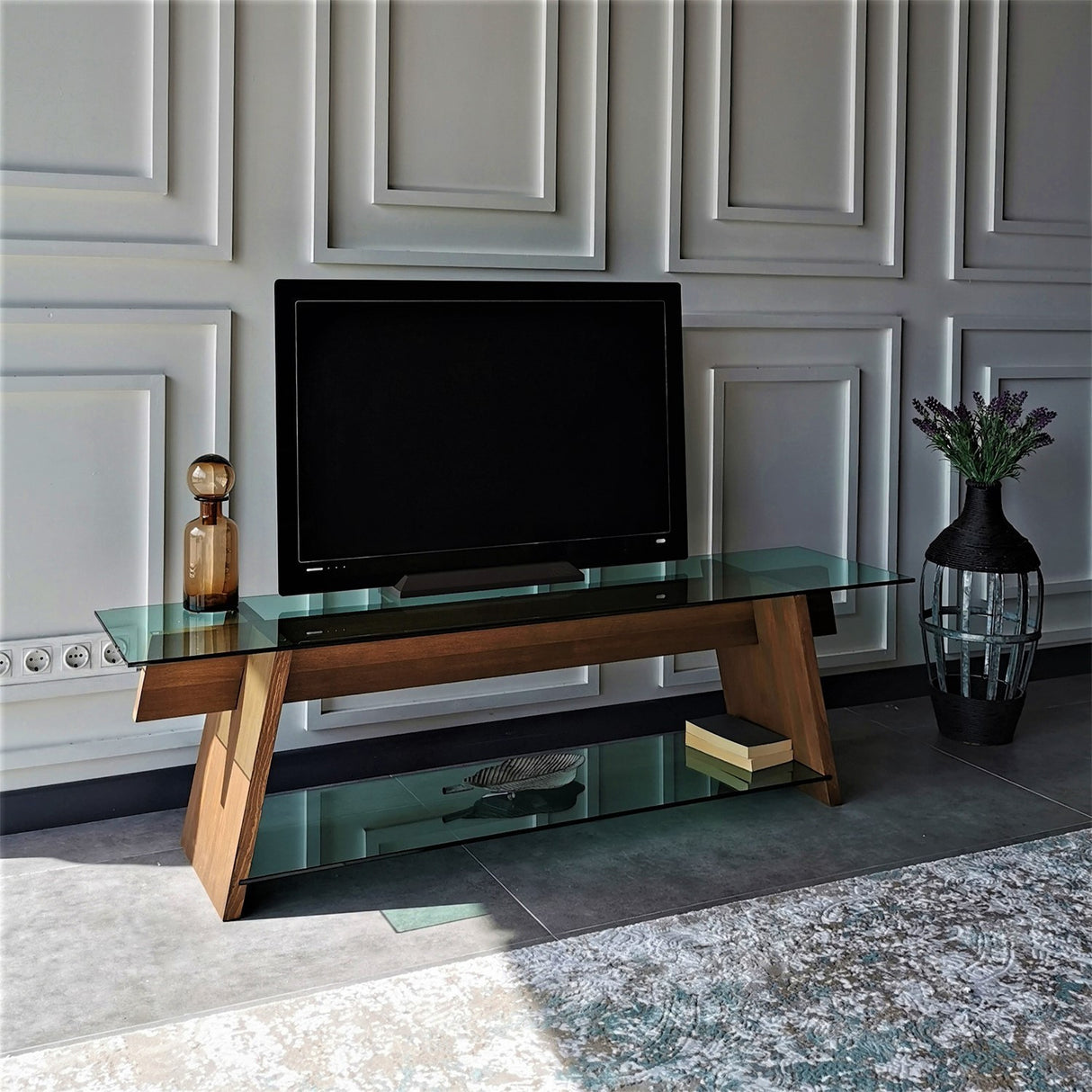 TV Furniture Coral Walnut Green Glass 158x45x40 cm