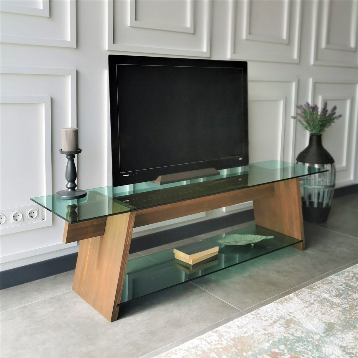 TV Furniture Coral Walnut Green Glass 158x45x40 cm