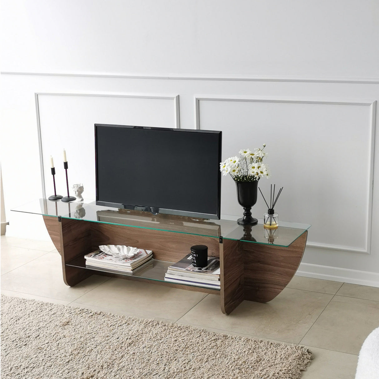 TV furniture lily TV walnut glass 158x40x35 cm