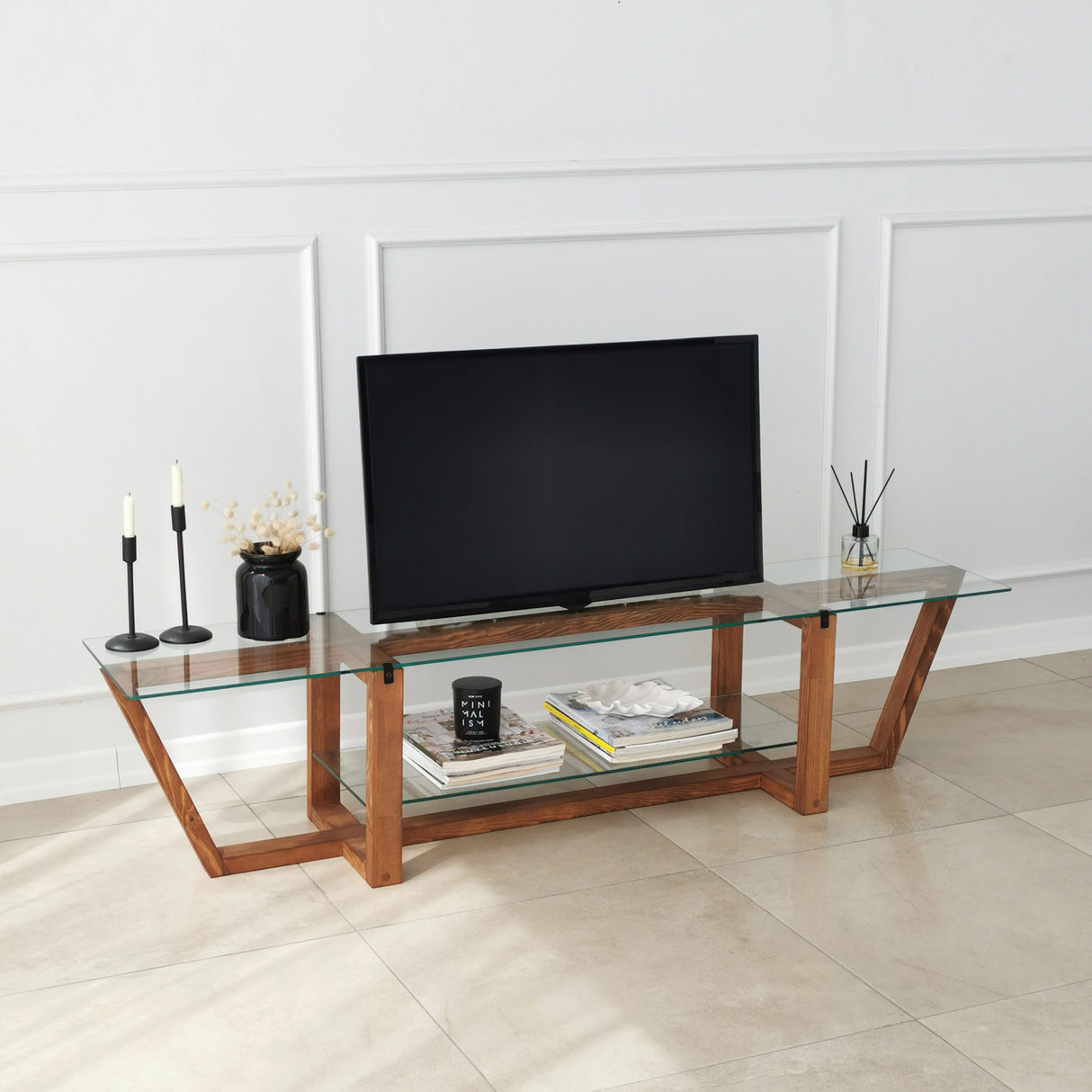 TV furniture amaufi walnut glass 158x35x35 cm