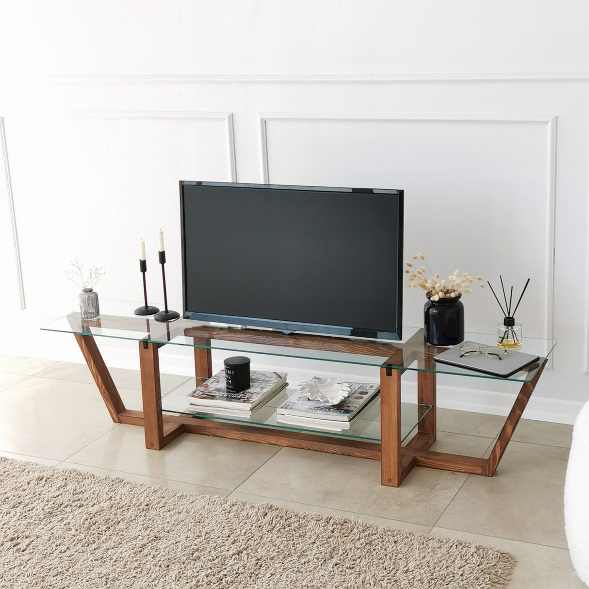 TV furniture amaufi walnut glass 158x35x35 cm