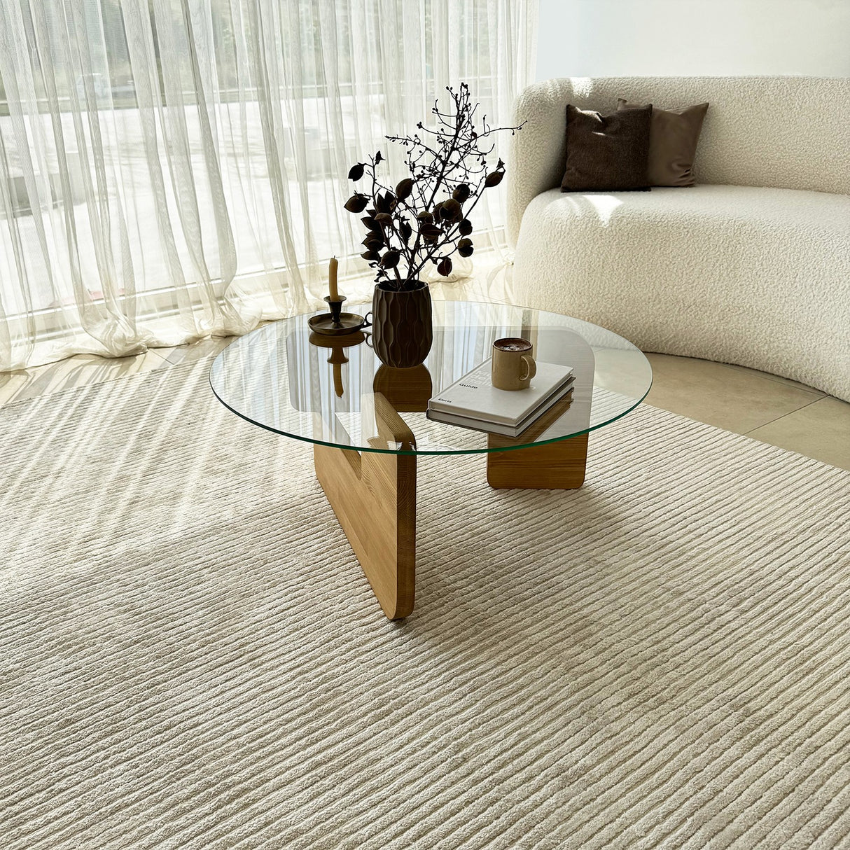 Round Glass Coffee Table Mio - 75 cm - Wooden Base 