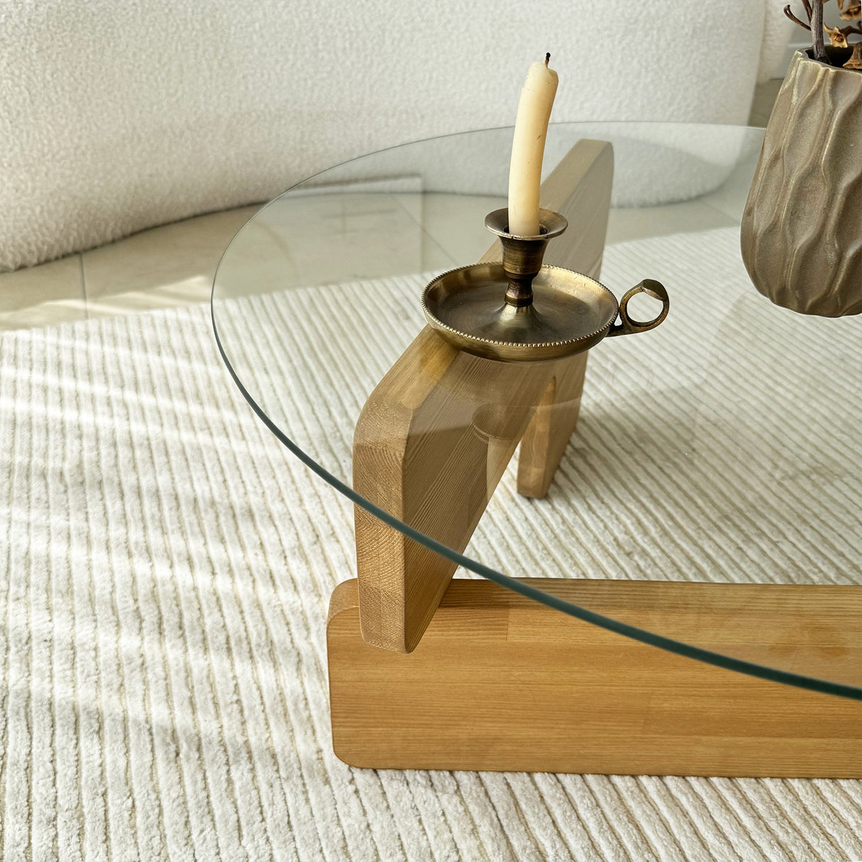 Round Glass Coffee Table Mio - 75 cm - Wooden Base 