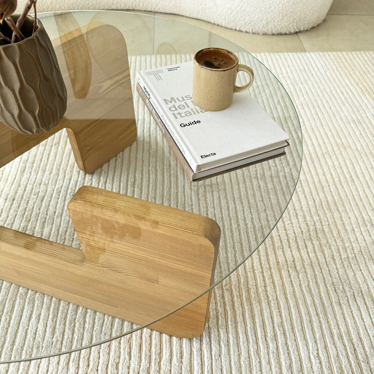 Round Glass Coffee Table Mio - 75 cm - Wooden Base 