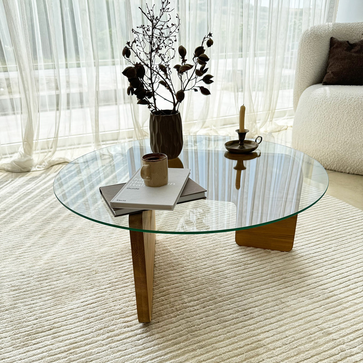 Round Glass Coffee Table Mio - 75 cm - Wooden Base 