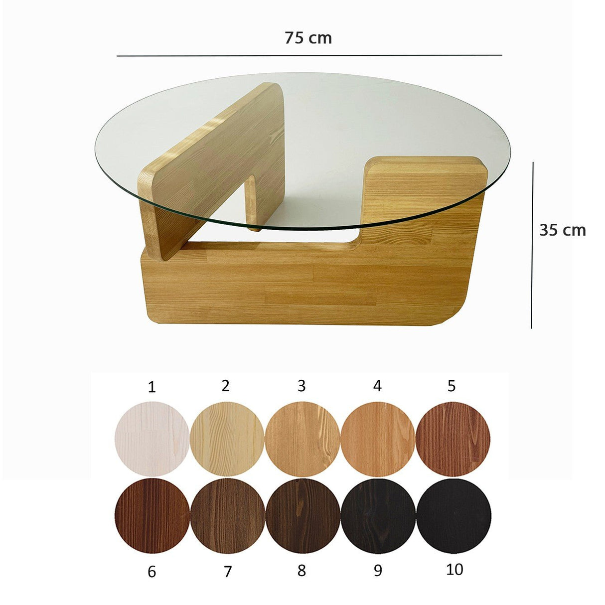 Round Glass Coffee Table Mio - 75 cm - Wooden Base 