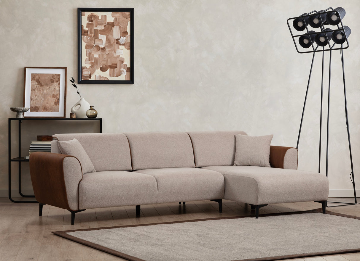 Corner sofa with sleeping function right ear beige cinnamon