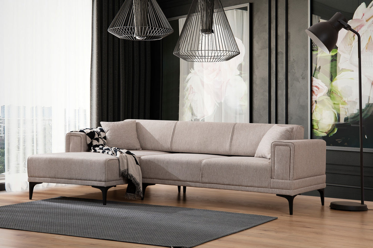 Corner sofa with sleeping function on the left horizon light brown