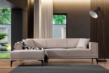 Corner sofa with sleeping function on the left horizon light brown