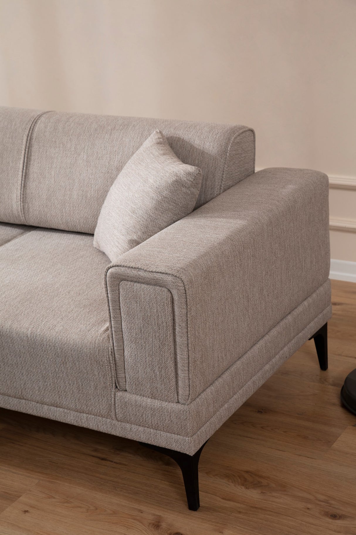 Corner sofa with sleeping function on the left horizon light brown