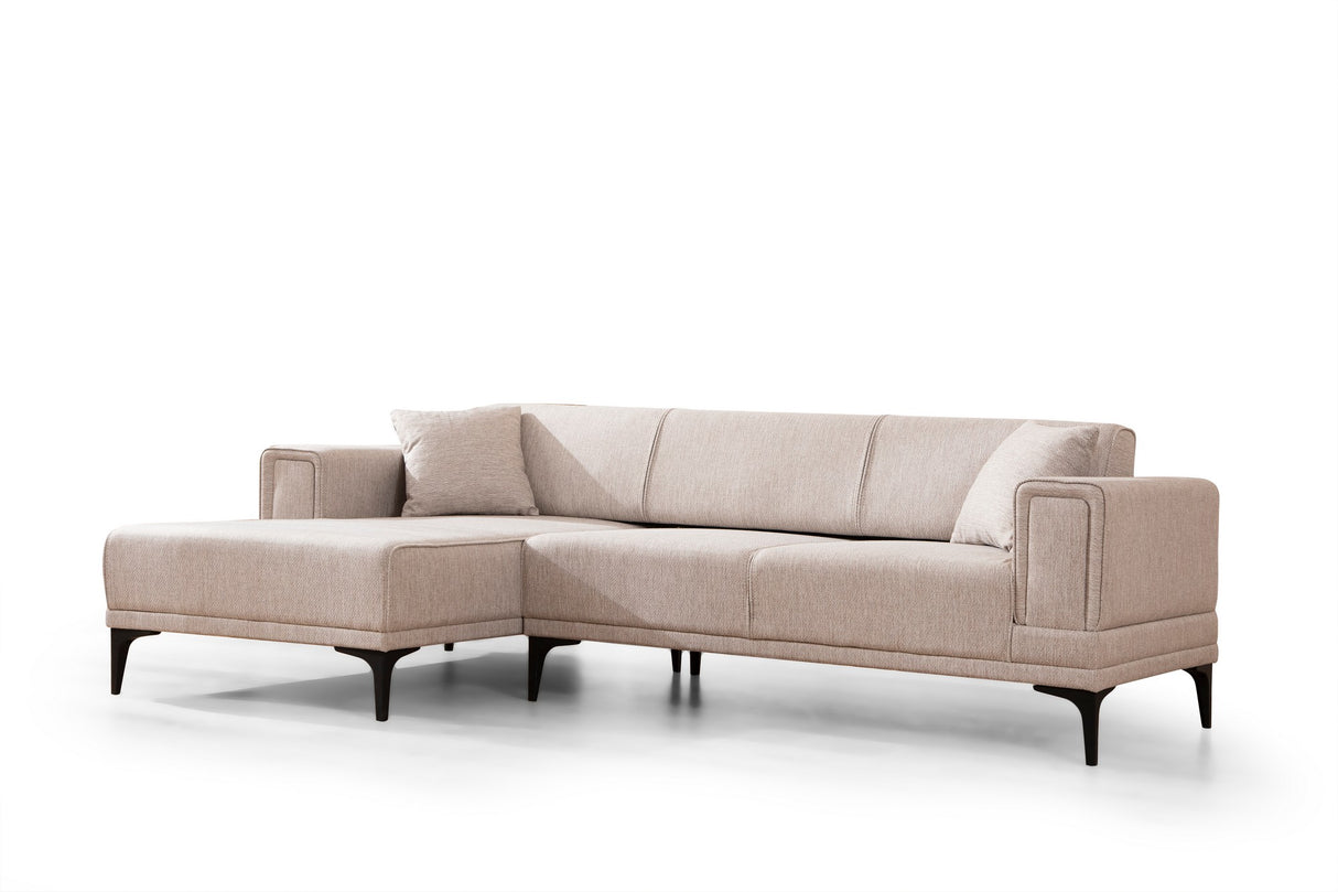 Corner sofa with sleeping function on the left horizon light brown