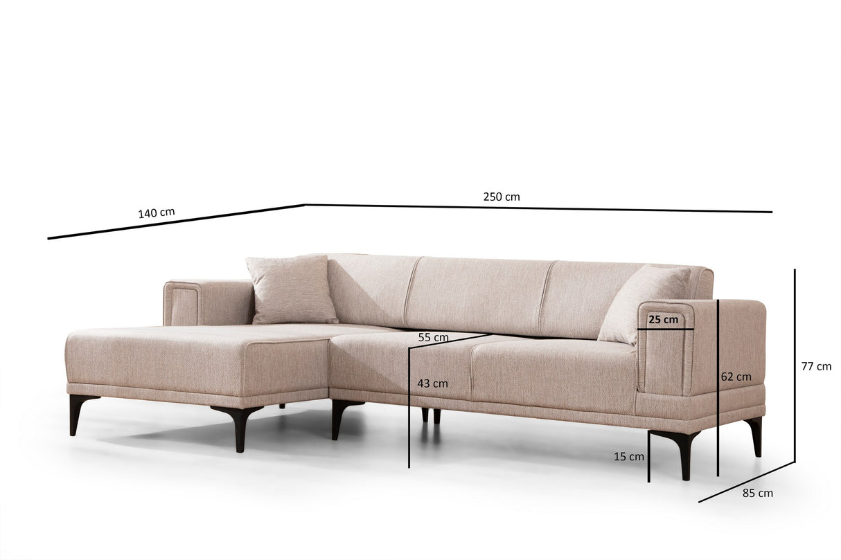 Corner sofa with sleeping function on the left horizon light brown