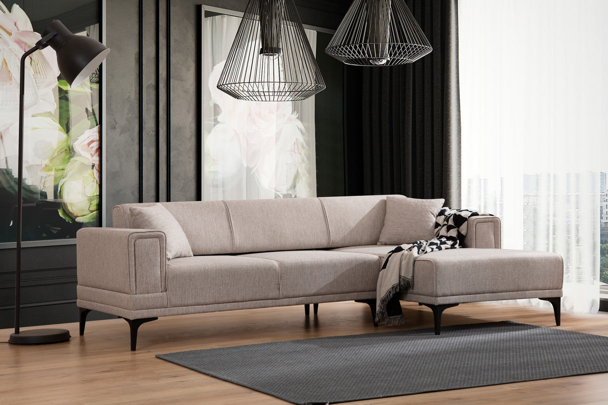 Corner sofa with sleeping function on the right horizon light brown