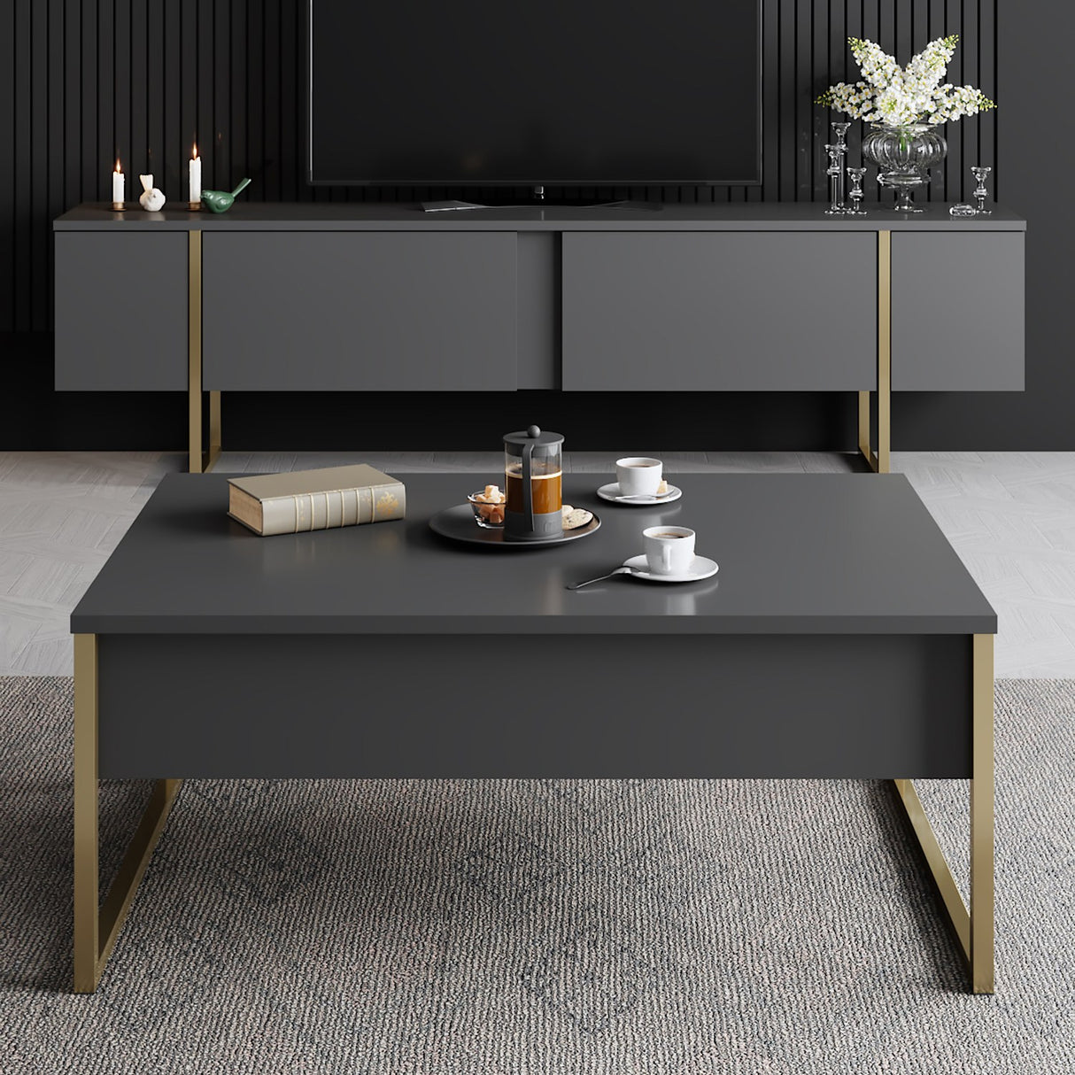 TV furniture luxury anthracite gold melamine 180x50x30 cm