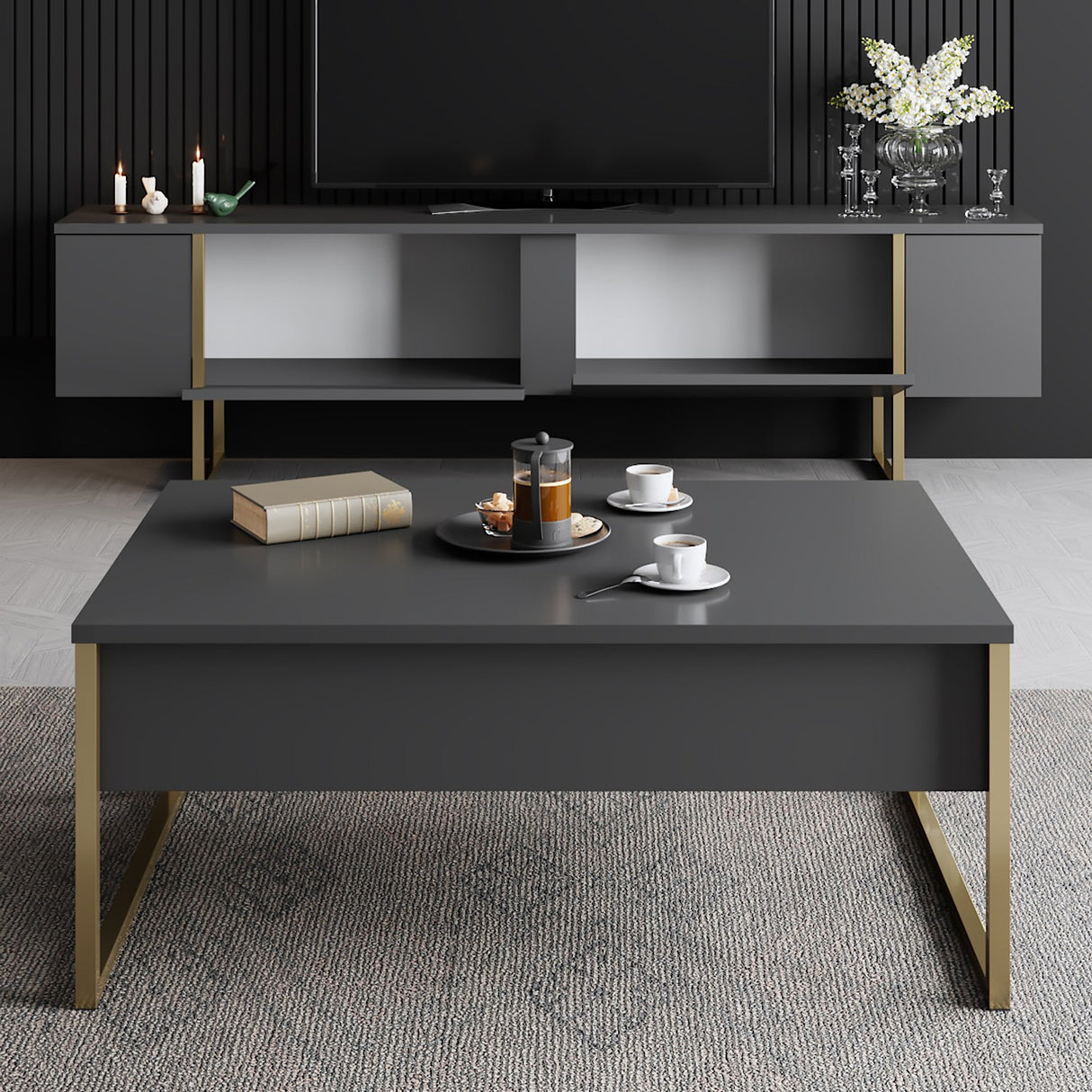 TV furniture luxury anthracite gold melamine 180x50x30 cm