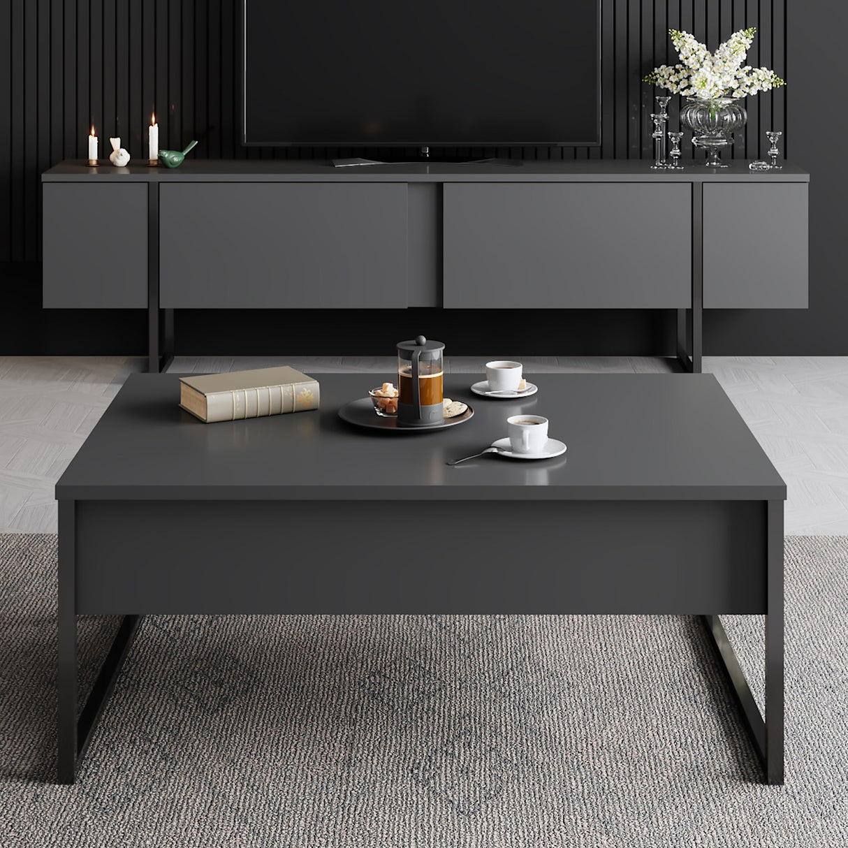 TV furniture luxury anthracite black melamine 180x50x30 cm