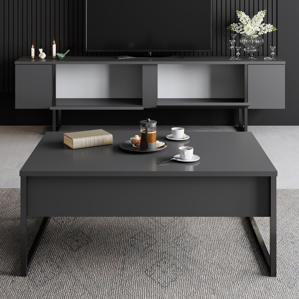 TV furniture luxury anthracite black melamine 180x50x30 cm