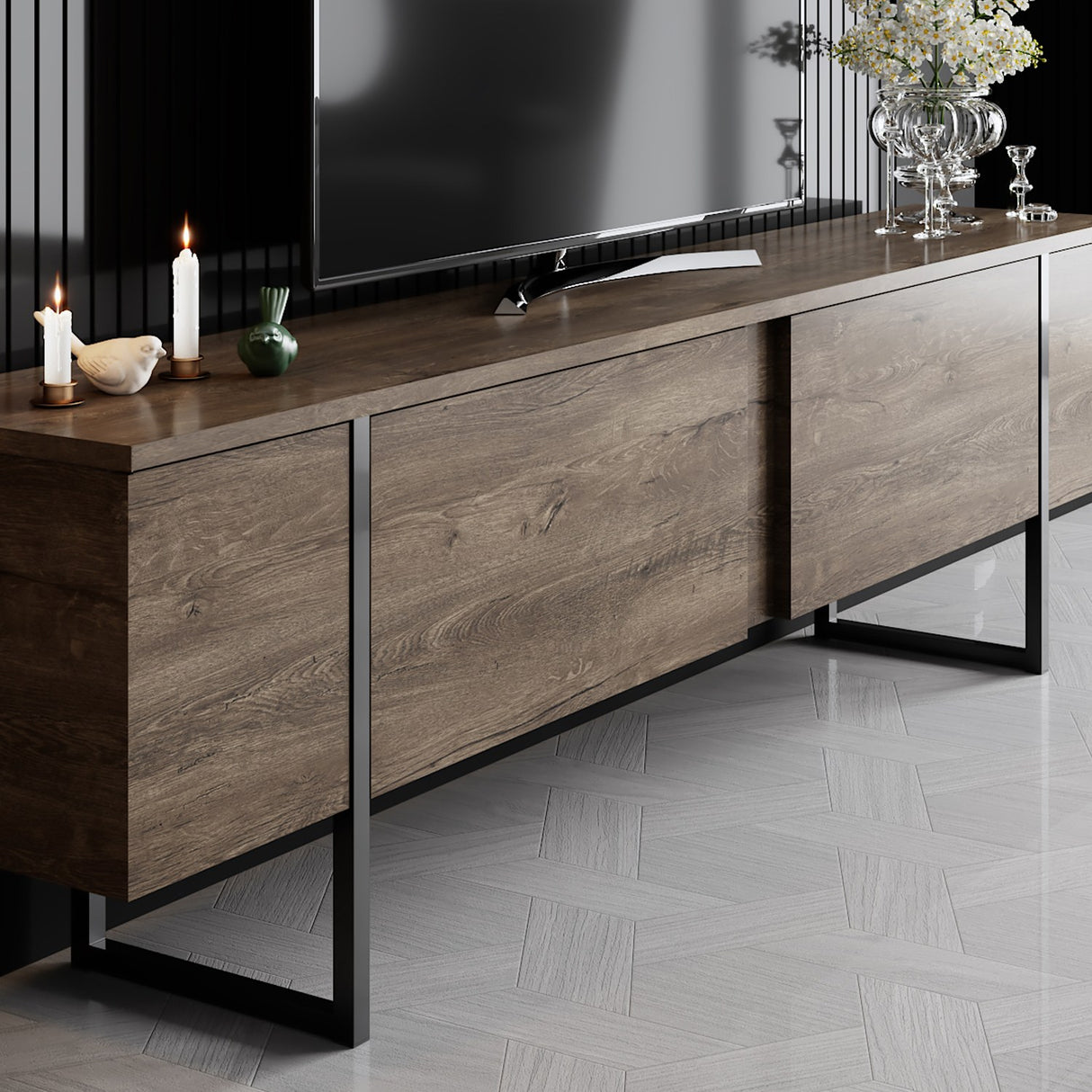 TV furniture luxury walnut black melamine 180x50x30 cm