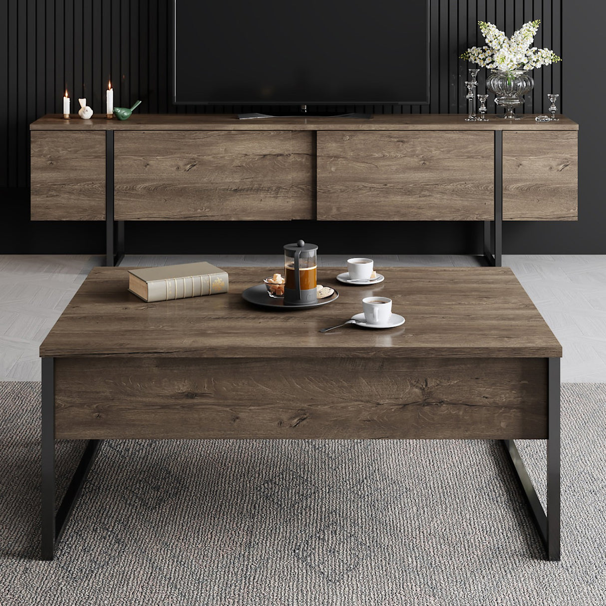 TV furniture luxury walnut black melamine 180x50x30 cm