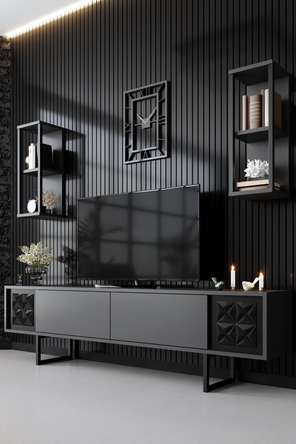 TV furniture set black line anthracite black melamine 180x48x30 cm