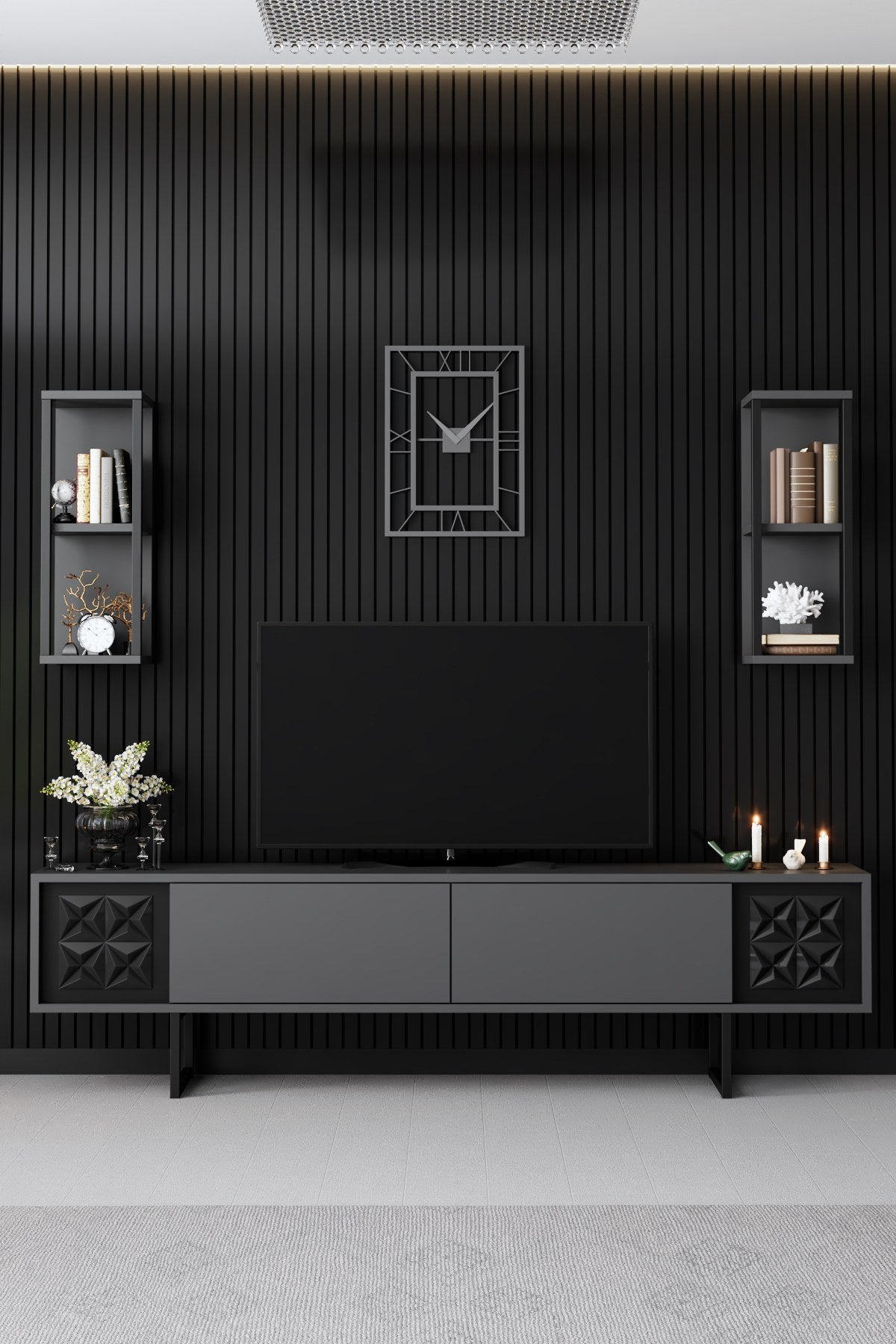 TV furniture set black line anthracite black melamine 180x48x30 cm