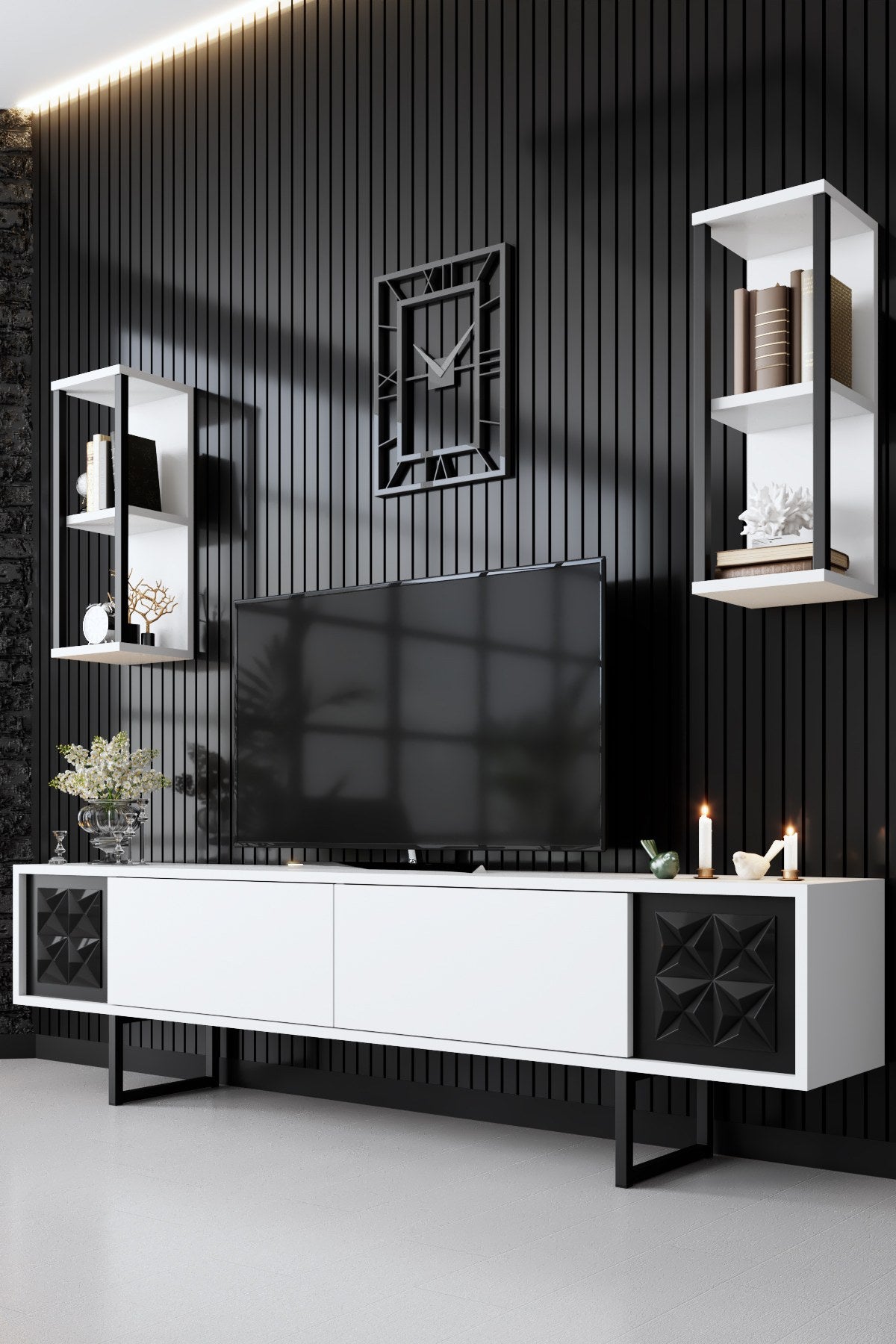 TV furniture set black line white black melamine 180x48x30 cm