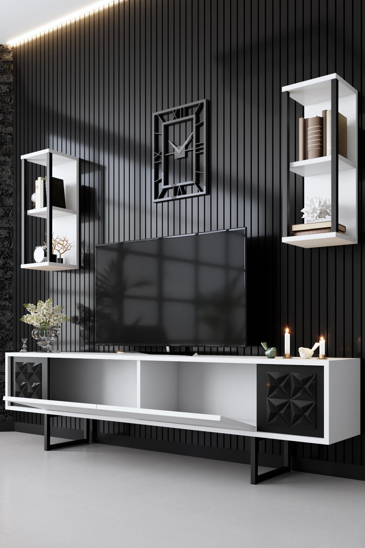 TV furniture set black line white black melamine 180x48x30 cm