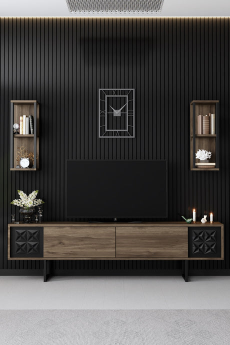 TV furniture set black line walnut black melamine 180x48x30 cm