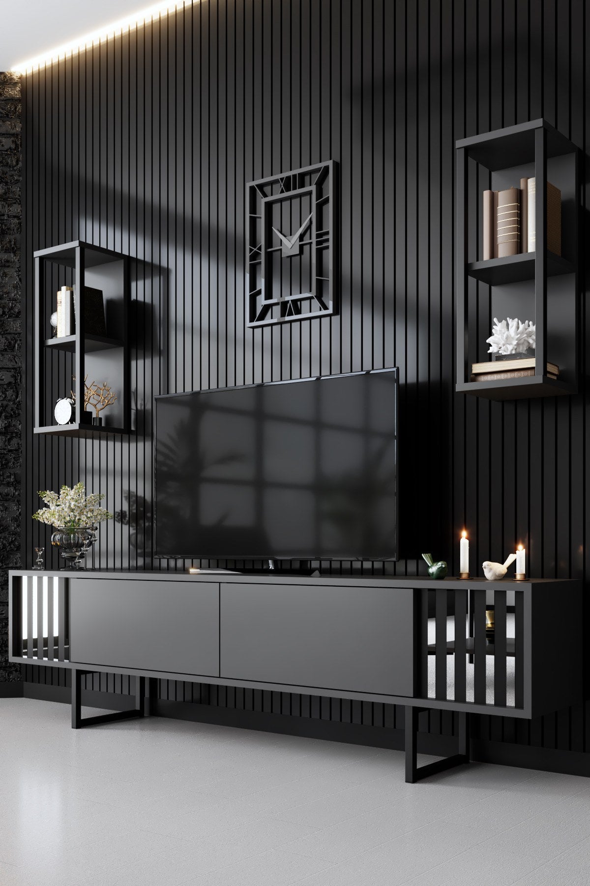 TV furniture set Chrome Line Anthracite Black Melamine 180x48x30 cm