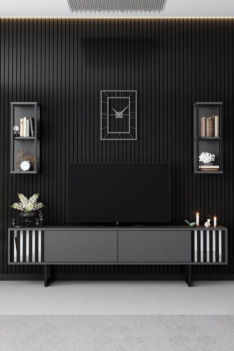 TV furniture set Chrome Line Anthracite Black Melamine 180x48x30 cm