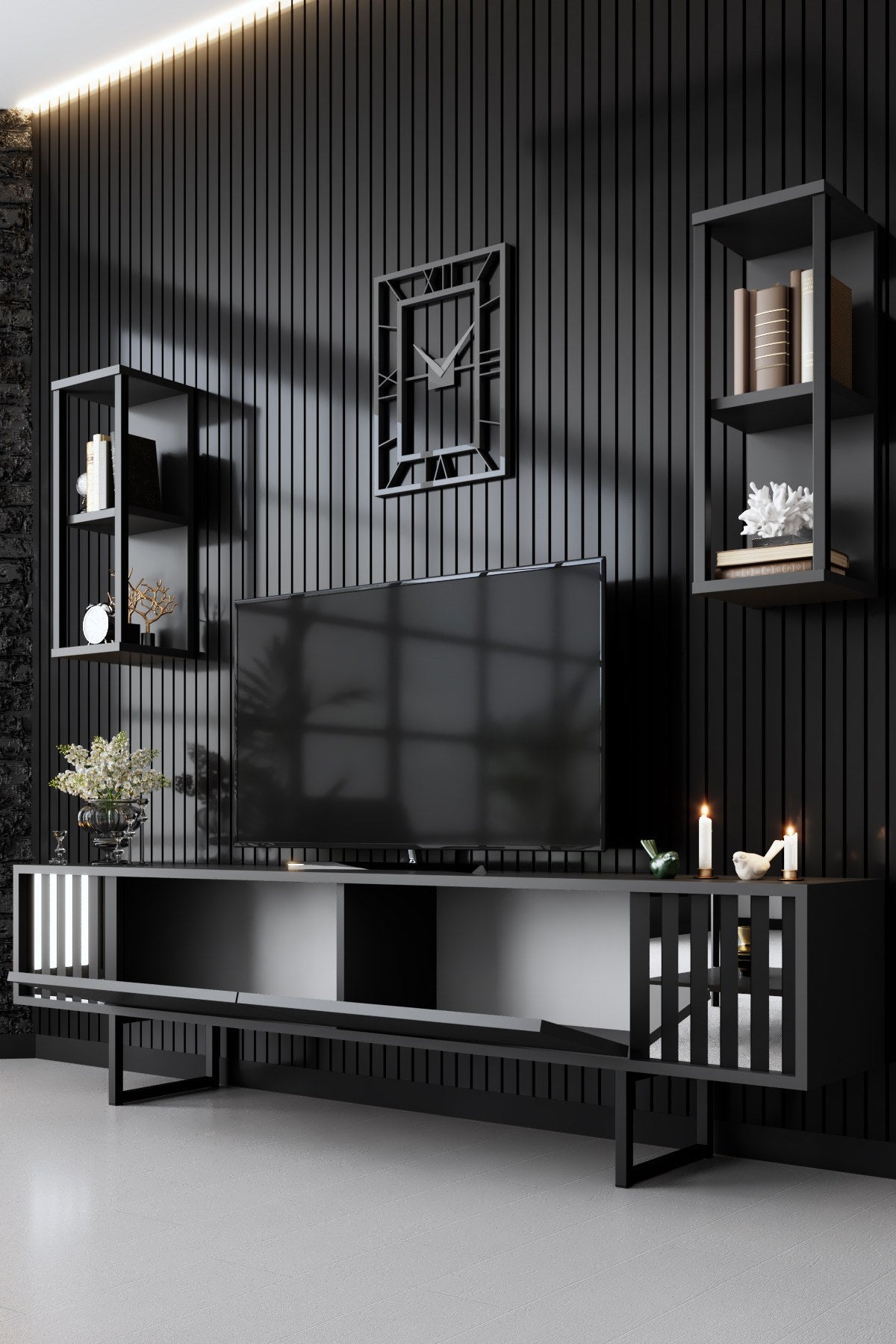 TV furniture set Chrome Line Anthracite Black Melamine 180x48x30 cm