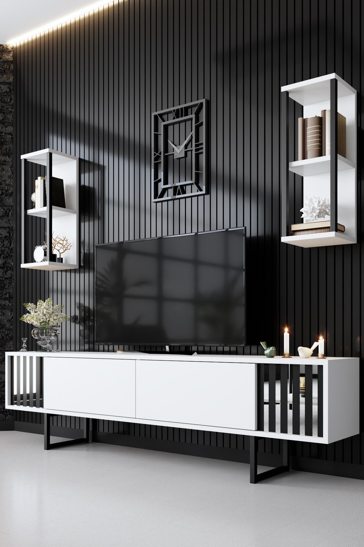 TV furniture set Chrome Line White Black Melamine 180x48x30 cm