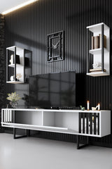 TV furniture set Chrome Line White Black Melamine 180x48x30 cm