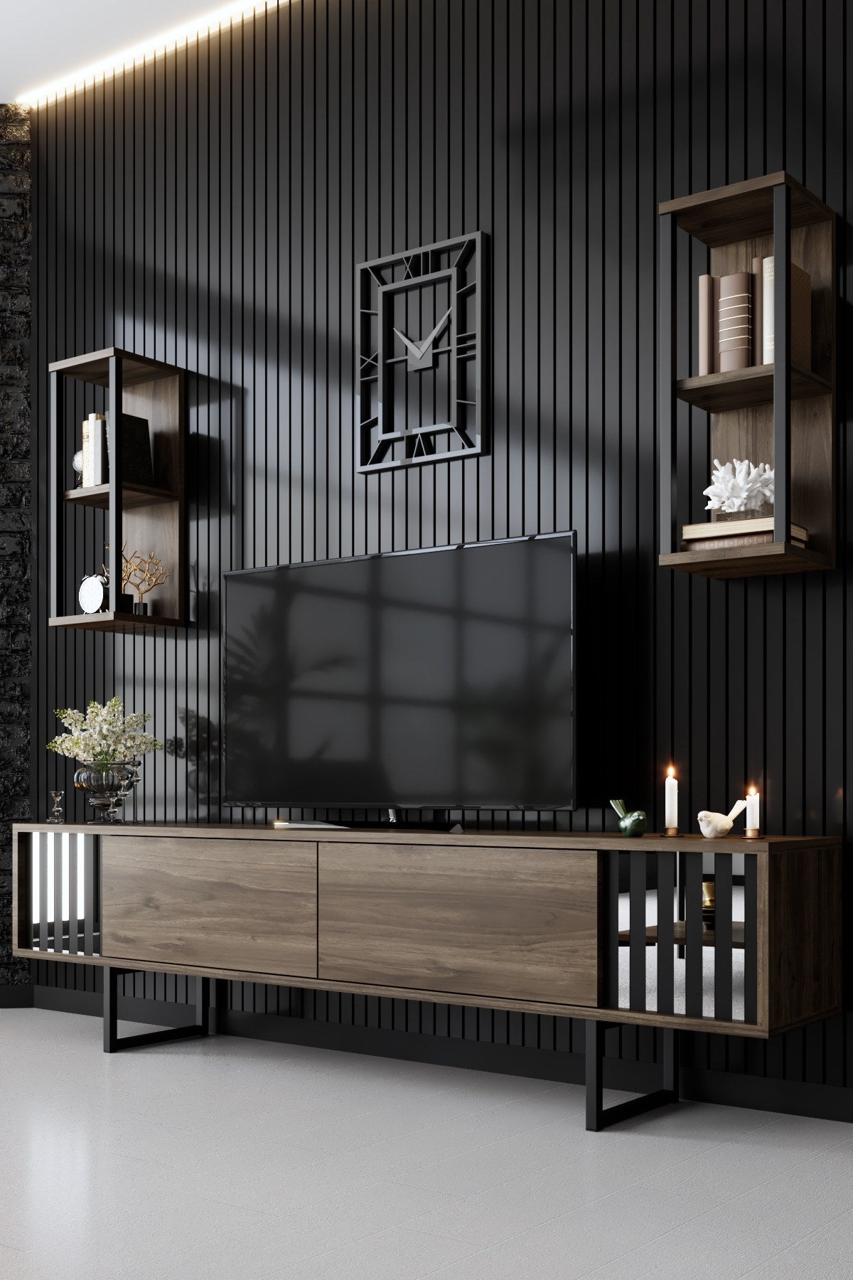 TV furniture set Chrome Line Walnut Black Melamine 180x48x30 cm