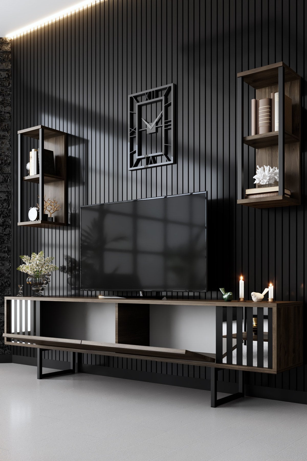 TV furniture set Chrome Line Walnut Black Melamine 180x48x30 cm