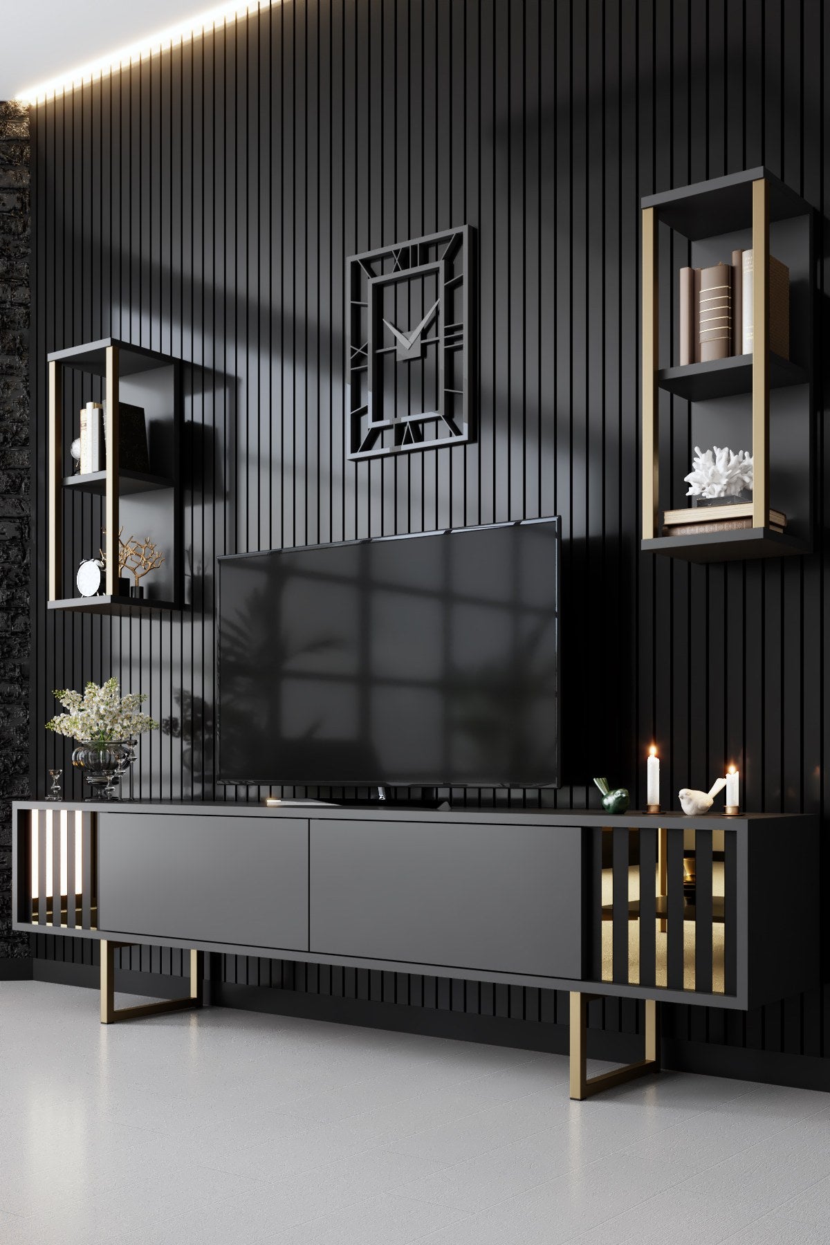 TV furniture set Gold Line Anthracite Black Melamine 180x48x30 cm