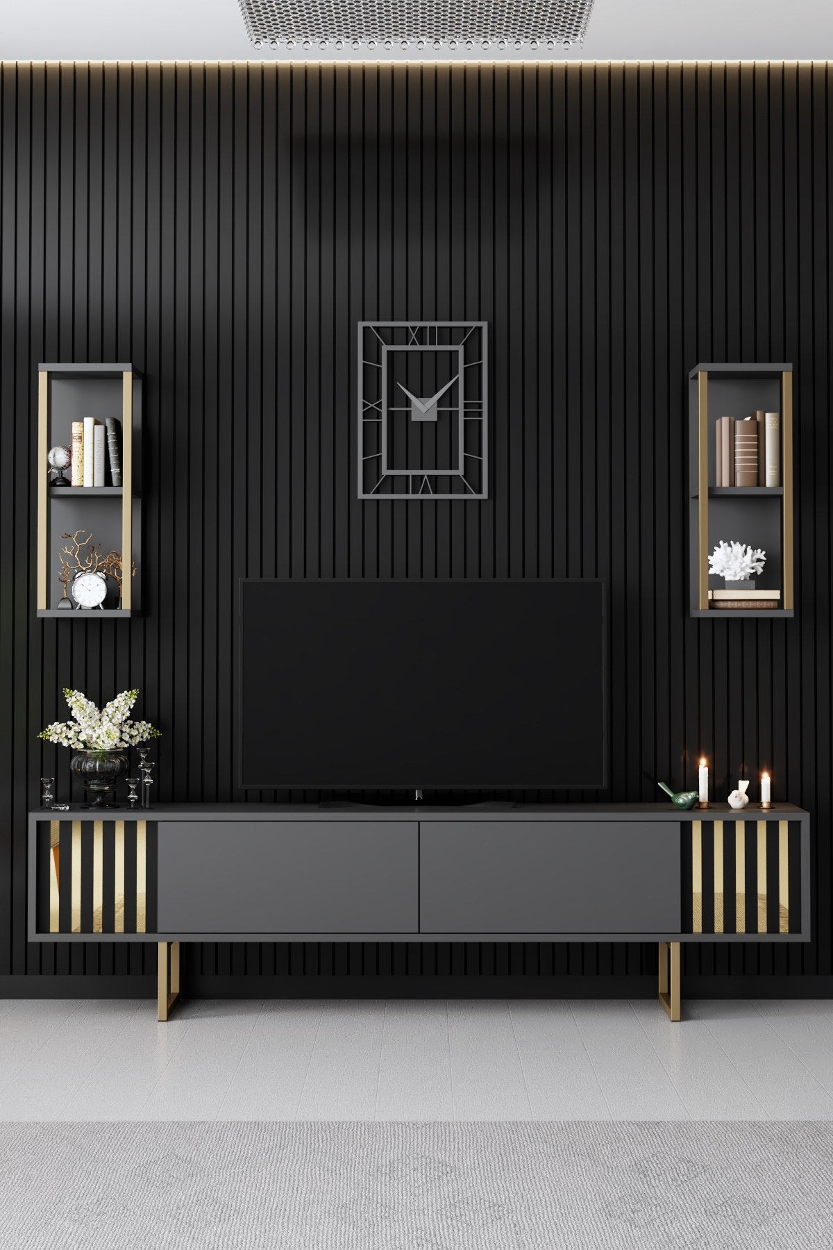 TV furniture set Gold Line Anthracite Black Melamine 180x48x30 cm