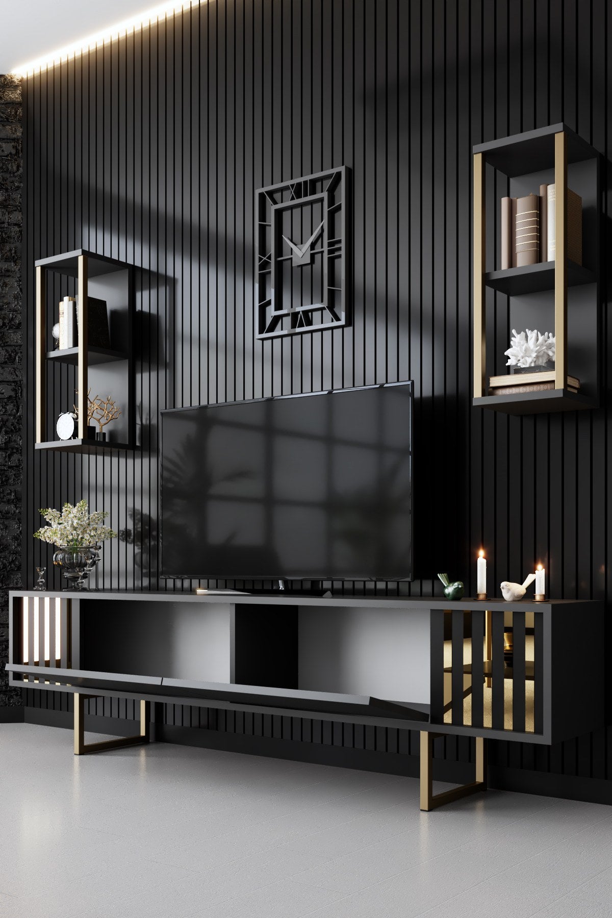 TV furniture set Gold Line Anthracite Black Melamine 180x48x30 cm