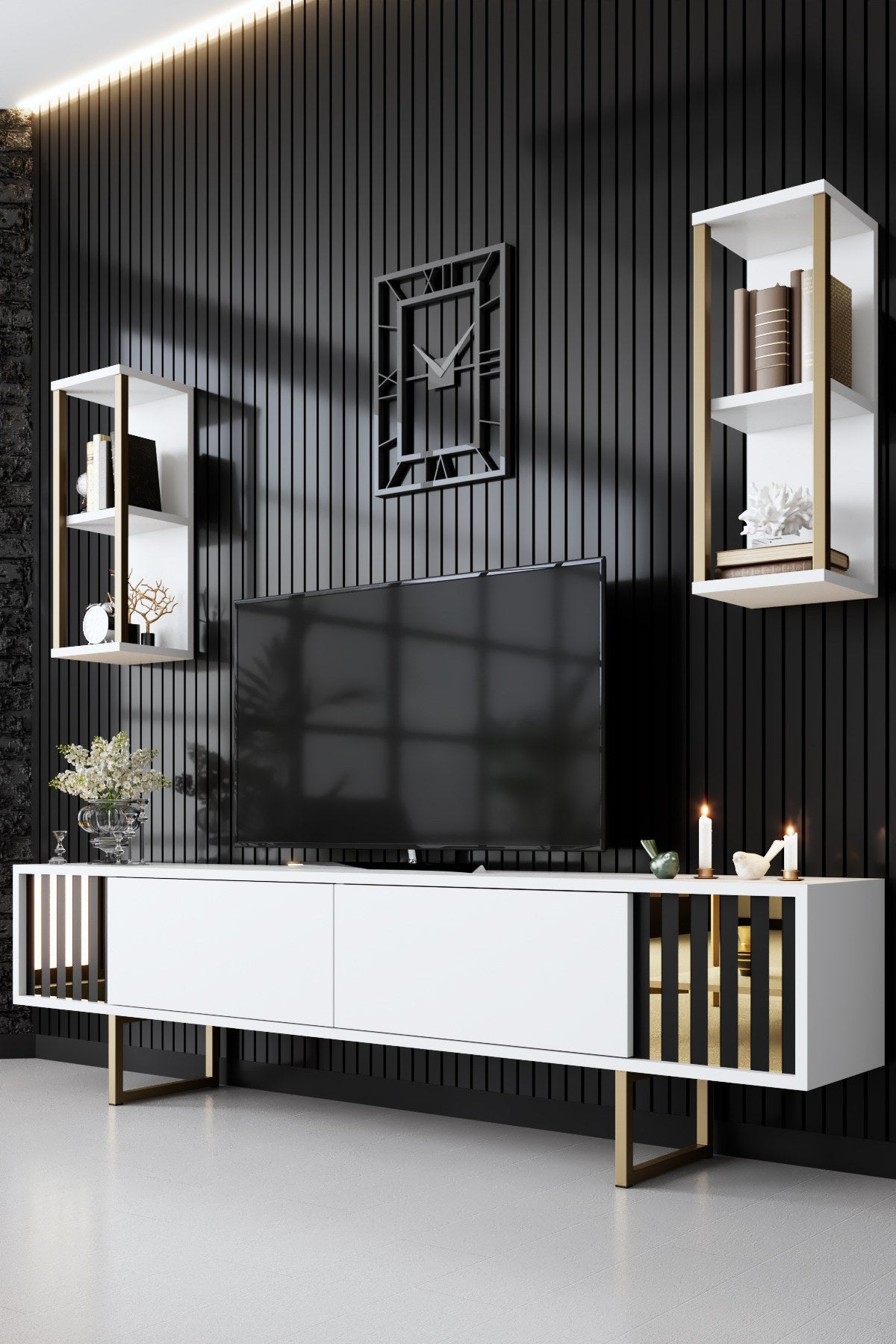 TV furniture set Gold Line White Black Melamine 180x48x30 cm