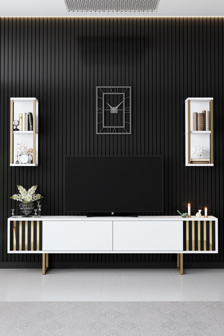 TV furniture set Gold Line White Black Melamine 180x48x30 cm